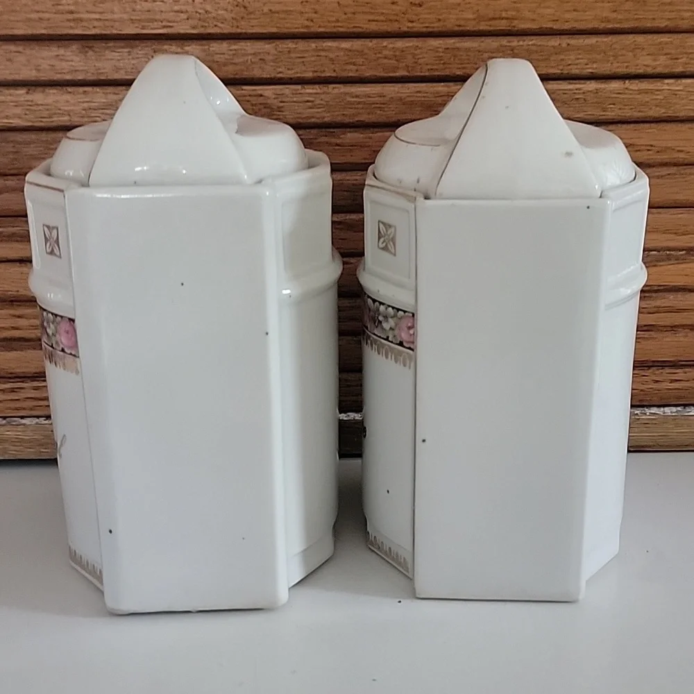 ANTIQUE VINTAGE VICTORIAN Floral Ceramic Canisters OATMEAL RICE LIDS